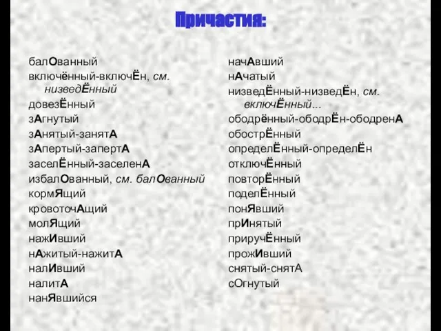 Причастия: балОванный включённый-включЁн, см. низведЁнный довезЁнный зАгнутый зАнятый-занятА зАпертый-запертА заселЁнный-заселенА избалОванный, см.