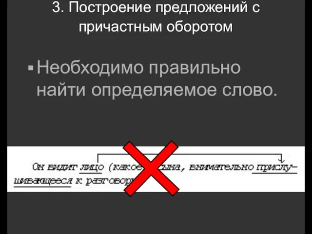 3. Построение предложений с причастным оборотом Необходимо правильно найти определяемое слово.