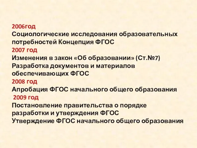 2006год Социологические исследования образовательных потребностей Концепция ФГОС 2007 год Изменения в закон