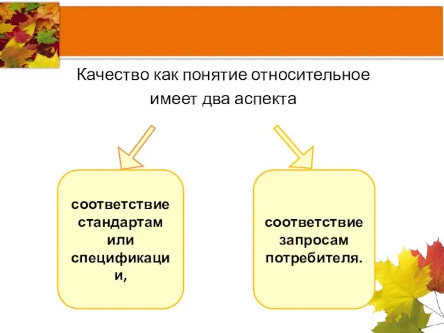 соответствие стандартам или спецификации, соответствие запросам потребителя. Качество как понятие относительное имеет два аспекта