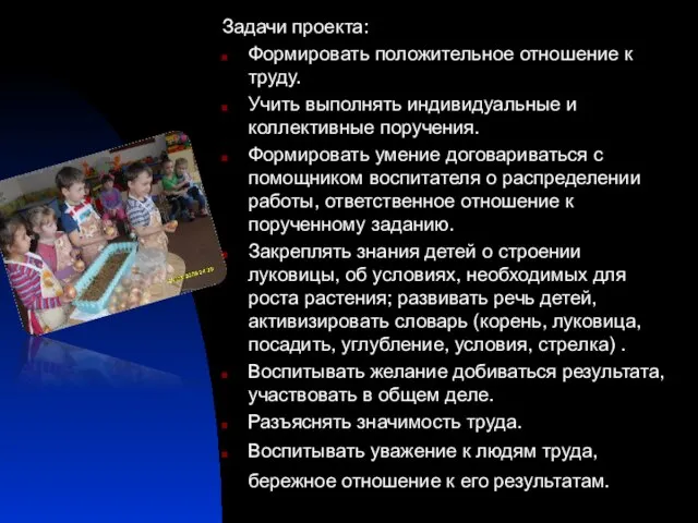 Задачи проекта: Формировать положительное отношение к труду. Учить выполнять индивидуальные и коллективные