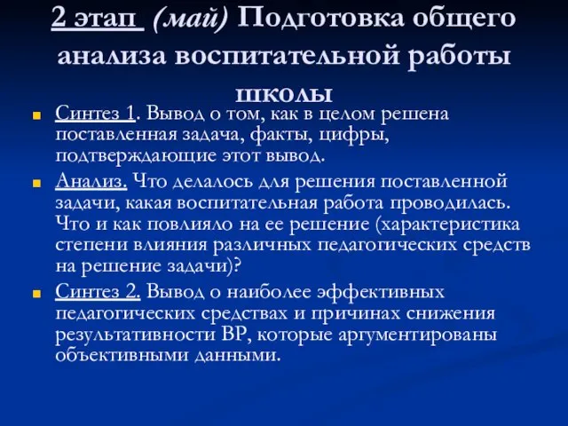 2 этап (май) Подготовка общего анализа воспитательной работы школы Синтез 1. Вывод