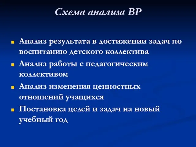 Схема анализа ВР Анализ результата в достижении задач по воспитанию детского коллектива