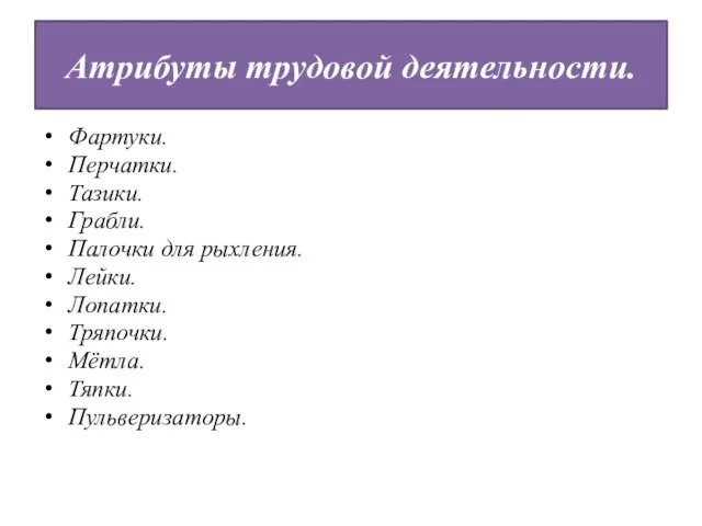 Атрибуты трудовой деятельности. Фартуки. Перчатки. Тазики. Грабли. Палочки для рыхления. Лейки. Лопатки. Тряпочки. Мётла. Тяпки. Пульверизаторы.