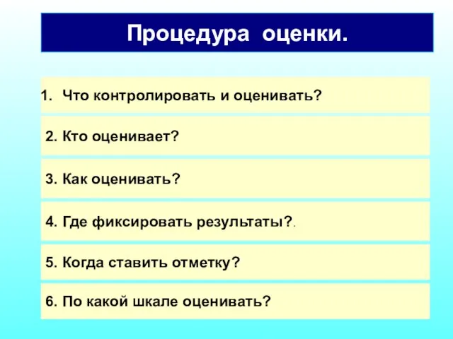 Что контролировать и оценивать? 2. Кто оценивает? 3. Как оценивать? 4. Где