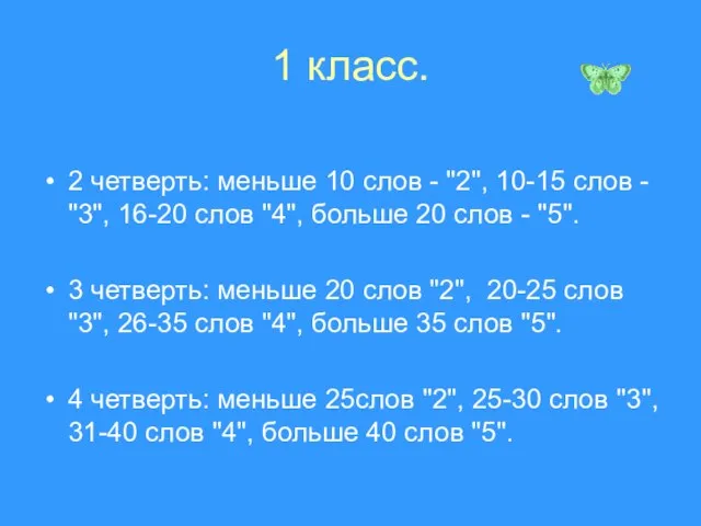 1 класс. 2 четверть: меньше 10 слов - "2", 10-15 слов -