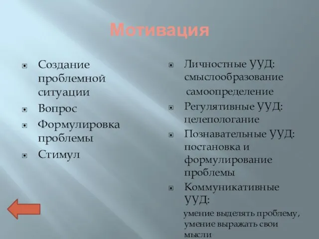 Мотивация Создание проблемной ситуации Вопрос Формулировка проблемы Стимул Личностные УУД: смыслообразование самоопределение