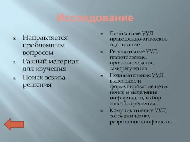 Исследование Направляется проблемным вопросом Разный материал для изучения Поиск эскиза решения Личностные