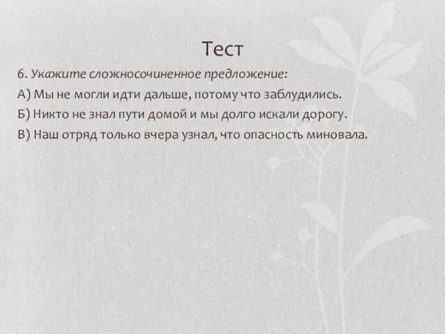 Тест 6. Укажите сложносочиненное предложение: А) Мы не могли идти дальше, потому