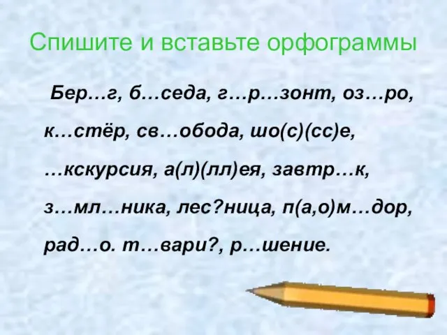 Спишите и вставьте орфограммы Бер…г, б…седа, г…р…зонт, оз…ро, к…стёр, св…обода, шо(с)(сс)е, …кскурсия,