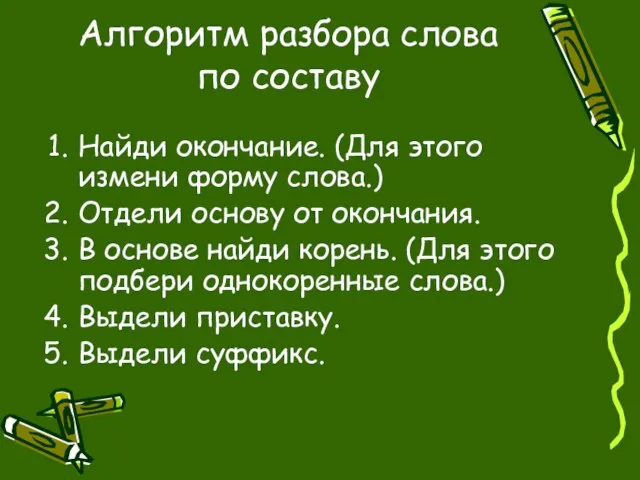 Алгоритм разбора слова по составу Найди окончание. (Для этого измени форму слова.)