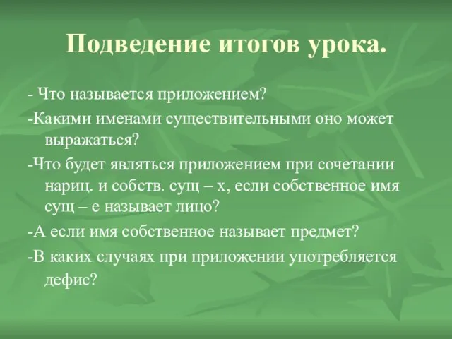 Подведение итогов урока. - Что называется приложением? -Какими именами существительными оно может