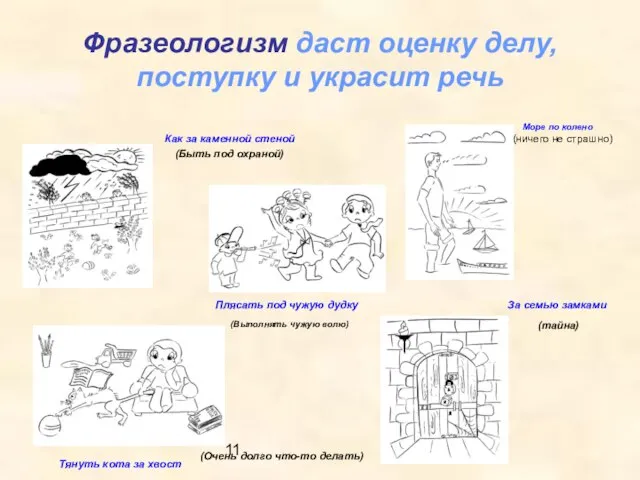 11 Фразеологизм даст оценку делу, поступку и украсит речь Как за каменной