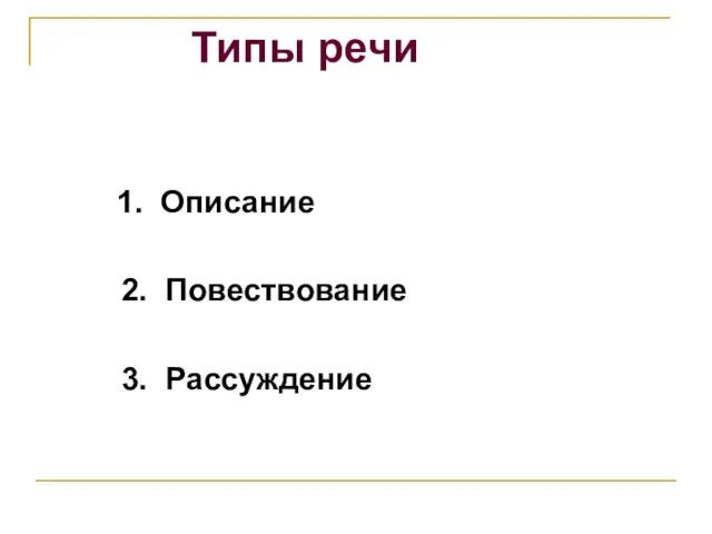 Типы речи 1. Описание 2. Повествование 3. Рассуждение