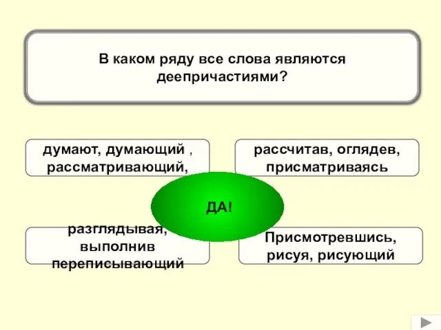 В каком ряду все слова являются деепричастиями? думают, думающий , рассматривающий, Присмотревшись,