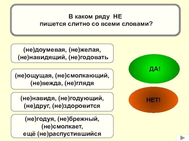 В каком ряду НЕ пишется слитно со всеми словами? (не)ощущая, (не)смолкающий, (не)вежда,