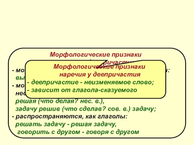 Морфологические признаки глагола у деепричастия - могут быть возвратными и невозвратными: вытирая