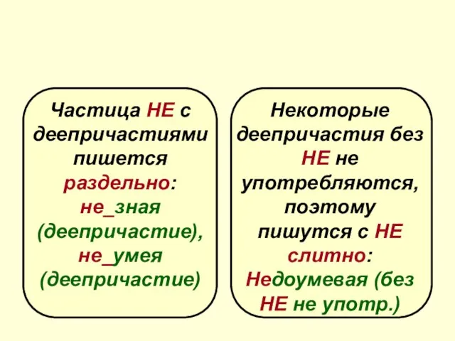 НЕ с деепричастиями Частица НЕ с деепричастиями пишется раздельно: не_зная (деепричастие), не_умея