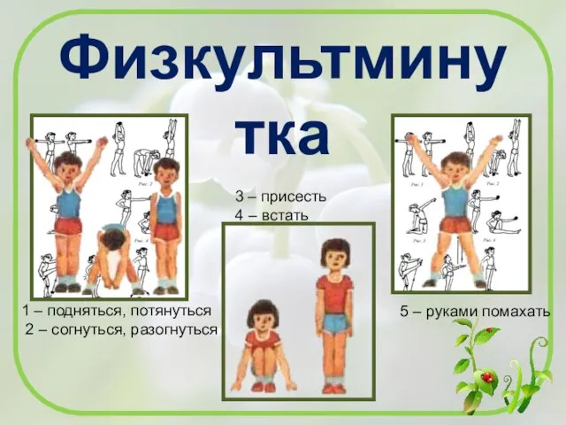 Физкультминутка 1 – подняться, потянуться 2 – согнуться, разогнуться 3 – присесть