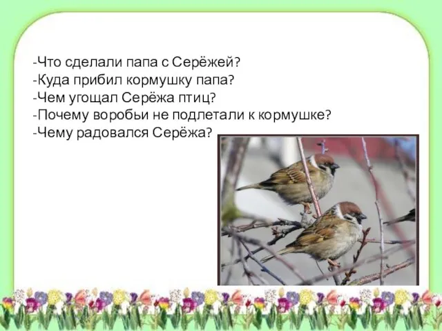 Что сделали папа с Серёжей? Куда прибил кормушку папа? Чем угощал Серёжа