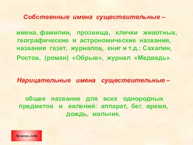 Собственные имена существительные – имена, фамилии, прозвища, клички животных, географические и астрономические