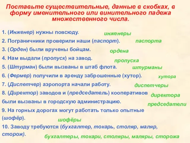 Поставьте существительные, данные в скобках, в форму именительного или винительного падежа множественного