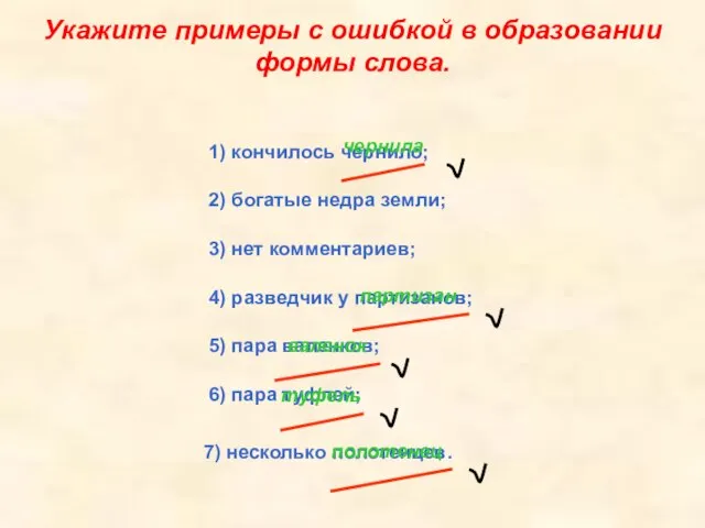 Укажите примеры с ошибкой в образовании формы слова. 1) кончилось чернило; 2)