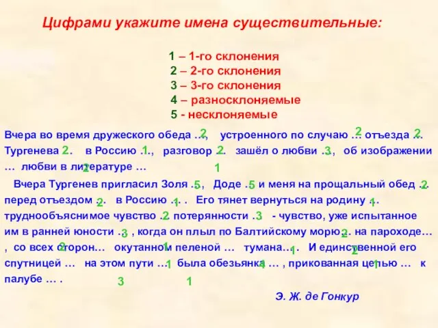 Цифрами укажите имена существительные: 1 – 1-го склонения 2 – 2-го склонения