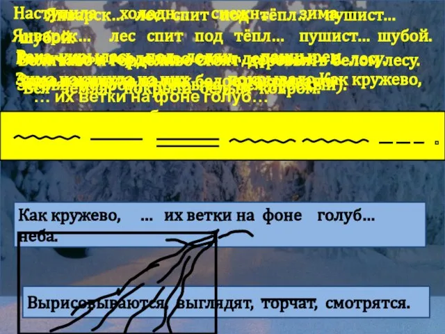 Река укрылась под ледян… панцырем. Наступила холодн… снежн… зима. Январск… лес спит