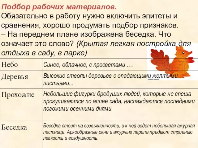 Подбор рабочих материалов. Обязательно в работу нужно включить эпитеты и сравнения, хорошо