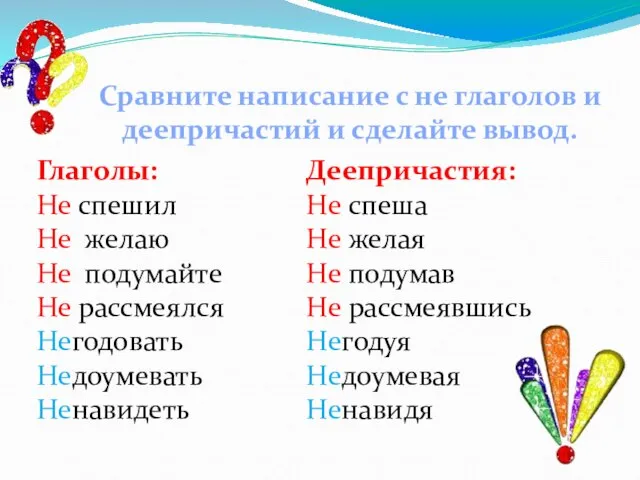 Сравните написание с не глаголов и деепричастий и сделайте вывод. Глаголы: Не