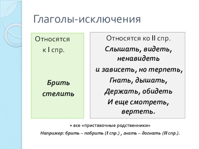 Глаголы-исключения Относятся к I спр. Брить стелить Относятся ко II спр. Слышать,