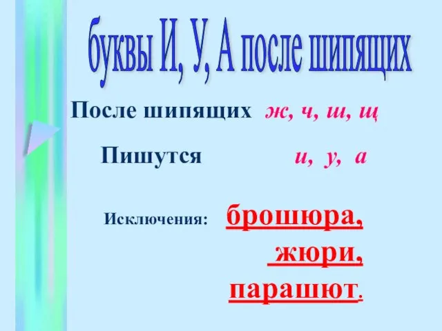 буквы И, У, А после шипящих После шипящих ж, ч, ш, щ