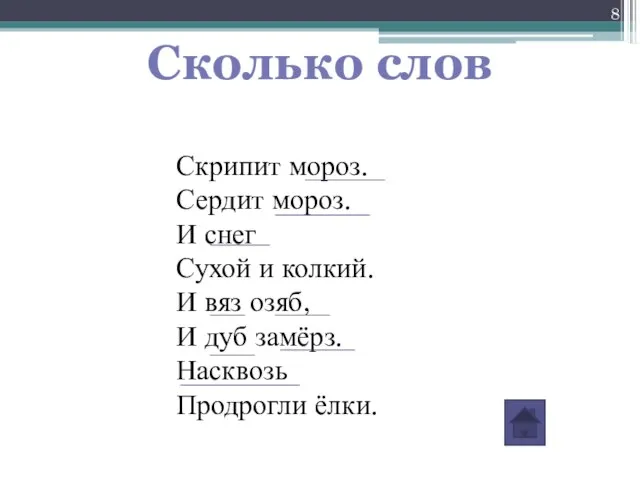 Сколько слов Скрипит мороз. Сердит мороз. И снег Сухой и колкий. И