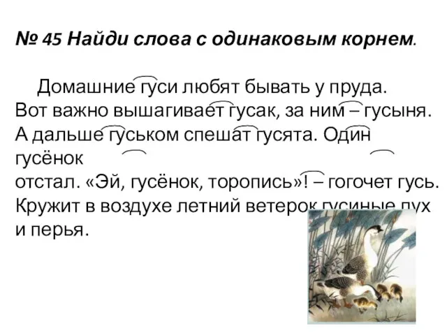 № 45 Найди слова с одинаковым корнем. Домашние гуси любят бывать у