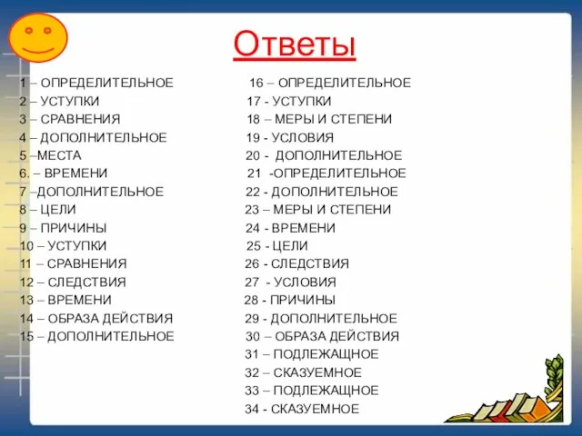 Ответы 1 – ОПРЕДЕЛИТЕЛЬНОЕ 16 – ОПРЕДЕЛИТЕЛЬНОЕ 2 – УСТУПКИ 17 -