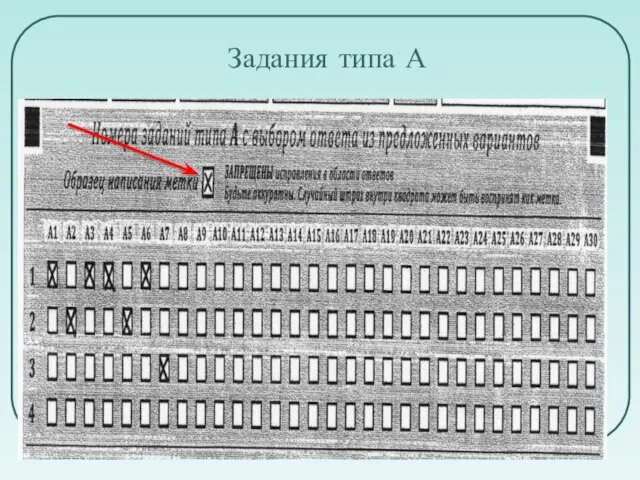 Задания типа А Всего заданий 7, к каждому даны 4 варианта ответов.