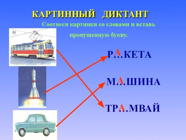 КАРТИННЫЙ ДИКТАНТ Соотнеси картинки со словами и вставь пропущенную букву. Р…КЕТА М…ШИНА ТР…МВАЙ А А А