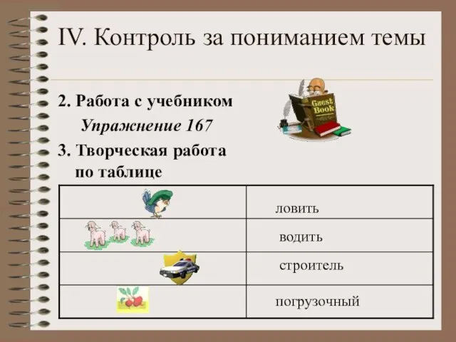 IV. Контроль за пониманием темы 2. Работа с учебником Упражнение 167 3.