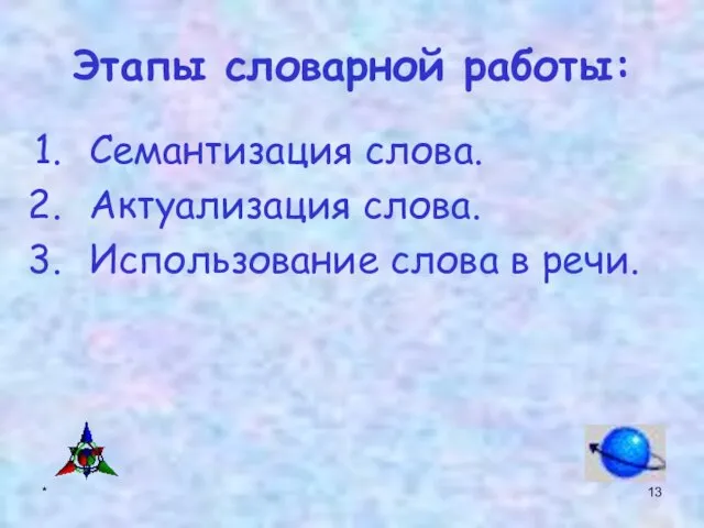 * Этапы словарной работы: Семантизация слова. Актуализация слова. Использование слова в речи.