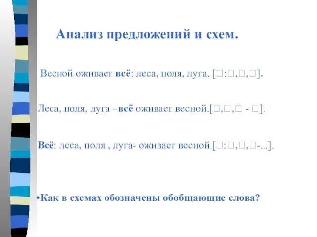 Весной оживает всё: леса, поля, луга. [?:?,?,?]. Леса, поля, луга –всё оживает