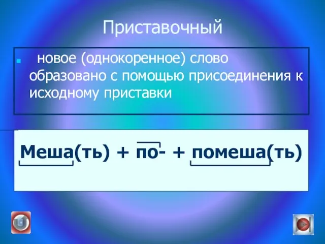 Приставочный новое (однокоренное) слово образовано с помощью присоединения к исходному приставки Меша(ть) + по- + помеша(ть)