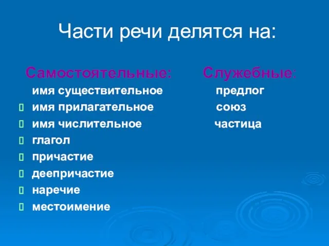 Части речи делятся на: Самостоятельные: Служебные: имя существительное предлог имя прилагательное союз