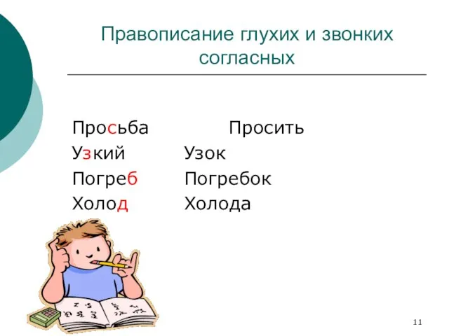 Правописание глухих и звонких согласных Просьба Просить Узкий Узок Погреб Погребок Холод Холода