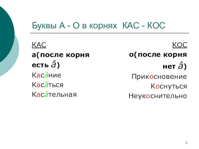 Буквы А - О в корнях КАС - КОС