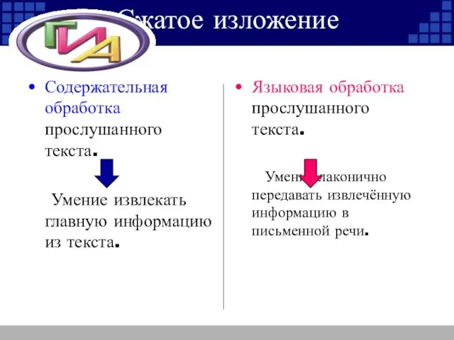 Сжатое изложение Содержательная обработка прослушанного текста. Умение извлекать главную информацию из текста.