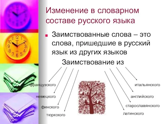 Изменение в словарном составе русского языка Заимствованные слова – это слова, пришедшие