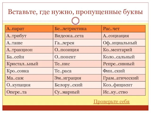 Вставьте, где нужно, пропущенные буквы Проверьте себя