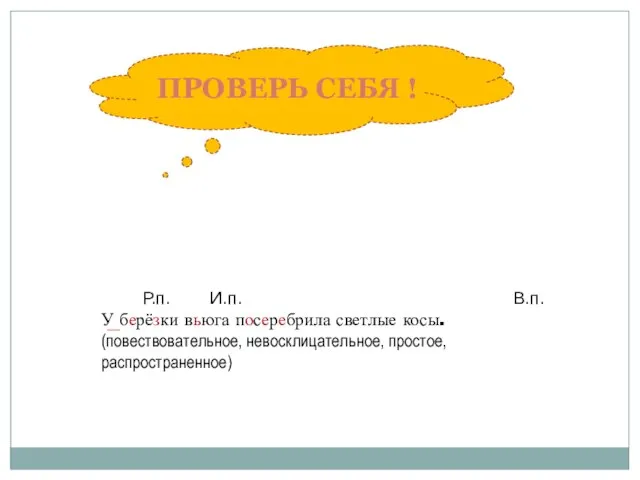 Р.п. И.п. В.п. У берёзки вьюга посеребрила светлые косы. (повествовательное, невосклицательное, простое, распространенное) ПРОВЕРЬ СЕБЯ !