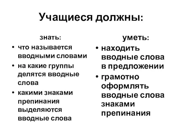 Учащиеся должны: знать: что называется вводными словами на какие группы делятся вводные